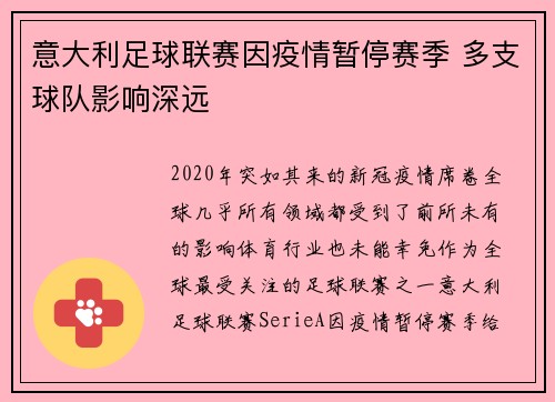 意大利足球联赛因疫情暂停赛季 多支球队影响深远