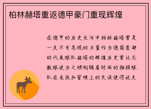 柏林赫塔重返德甲豪门重现辉煌