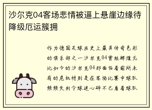 沙尔克04客场悲情被逼上悬崖边缘待降级厄运簇拥